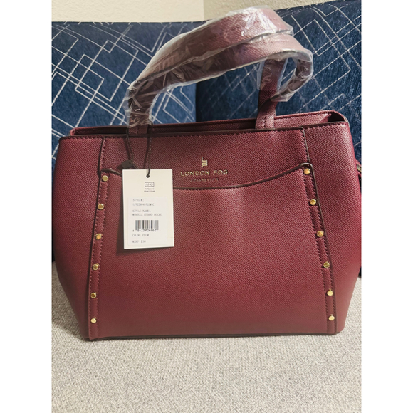 London Fog Marcelle Studded Satchel Tote Bag Plum Burgundy NWT - Picture 1 of 10